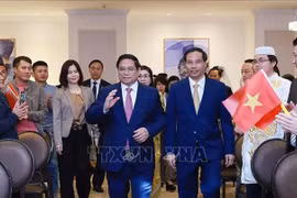 El primer ministro Pham Minh Chinh y su esposa se reúnen el 30 de octubre con el personal de la embajada y representantes de comunidad vietnamita en Qatar. (Fuente: VNA)