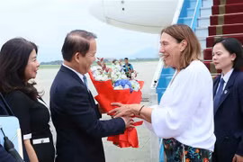 El jefe de la Comisión de Asuntos Jurídicos de la Asamblea Nacional de Vietnam, Hoang Thanh Tung, recibe a la presidenta del Senado de Australia, Sue Lines, en el aeropuerto internacional de Noi Bai, Hanoi. (Fuente: VNA)