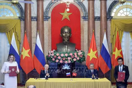 El presidente de Vietnam, To Lam, y su homólogo ruso, Vladimir Putin, presencian la entrega de acuerdos de cooperación entre ambos países. (Foto: VNA)