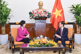 El viceprimer ministro y canciller de Vietnam, Bui Thanh Son, recibe a la ministra de Pequeñas y Medianas Empresas y Emprendimiento de Corea del Sur, Oh Young Ju. (Foto: VNA)