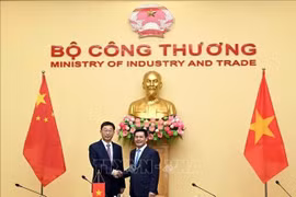 El ministro de Industria y Comercio de Vietnam, Nguyen Hong Dien (derecha), y Liu Ning, miembro del Comité Central del Partido Comunista de China (PCCh) y secretario del Comité del PCCh de la Región Autónoma Zhuang de Guangxi. (Foto: VNA)