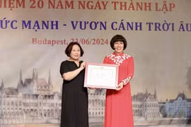 La presidenta de la Asociación de Mujeres Vietnamitas en Hungría, Phan Bich Thien, recibe el Certificado al Mérito del Ministro de Relaciones Exteriores. (Foto: VNA)