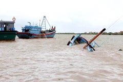 Equipos de rescate rescatan a toda la tripulación de una embarcación volcada y la trasladan a la orilla sana y salva en el río Chang, distrito de Quang Yen, provincia de Quang Ninh. (Foto: VNA)