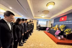 Funcionarios y el personal de la Embajada de Vietnam en Japón guardan un minuto de silencio en memoria del expresidente Tran Duc Luong. (Foto: VNA)