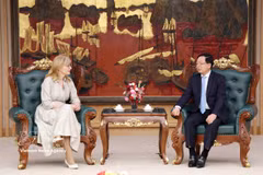 El viceprimer ministro vietnamita Ho Quoc Dung recibe a la comisaria europea de Empresas Emergentes, Investigación e Innovación, Ekaterina Zaharieva. (Fuente: VNA)