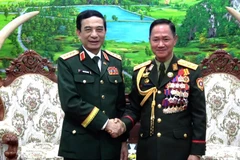 El general Phan Van Giang, ministro de Defensa de Vietnam, sostiene un encuentro con su par laosiano, el coronel general Khamliang Outhakaysone (Fuente: VNA)