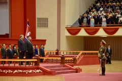 La ceremonia de bienvenida al secretario general To Lam se celebró solemnemente en el Palacio de Deportes de Pionyang. (Foto: VOV)