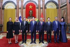 El presidente Luong Cuong (cuarto desde la izquierda) recibe al embajador finlandés Pekka Voutilainen (tercero desde la izquierda). (Foto: VNA)