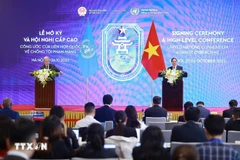En la panorama de la conferencia de prensa entre el primer ministro de Vietnam, Pham Minh Chinh, y el secretario general de las Naciones Unidas, António Guterres, tras la firma de la Convención de Hanoi (Fuente: VNA)