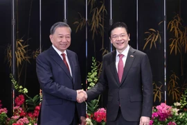 El secretario general del Partido Comunista de Vietnam, To Lam, (izquierda) y el primer ministro de Singapur, Lawrence Wong, copresiden una rueda de prensa para anunciar los resultados de sus conversaciones (Fuente: VNA)