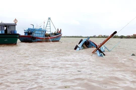 Equipos de rescate rescatan a toda la tripulación de una embarcación volcada y la trasladan a la orilla sana y salva en el río Chang, distrito de Quang Yen, provincia de Quang Ninh. (Foto: VNA)
