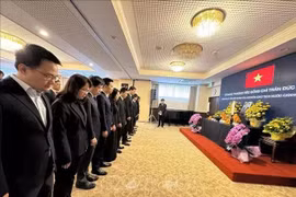 Funcionarios y el personal de la Embajada de Vietnam en Japón guardan un minuto de silencio en memoria del expresidente Tran Duc Luong. (Foto: VNA)