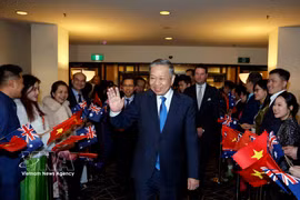 Funcionarios y personal de la Embajada y de la comunidad vietnamita en Australia dan la bienvenida al secretario general del Partido Comunista y presidente de Vietnam, To Lam. Foto: VNA