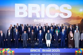 El primer ministro Pham Minh Chinh y los jefes de las delegaciones que asisten a la Cumbre BRICS 2025 posan para una foto de grupo. (Foto: VNA)