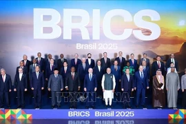 El primer ministro Pham Minh Chinh y los jefes de las delegaciones que asisten a la Cumbre BRICS 2025 posan para una foto de grupo. (Foto: VNA)