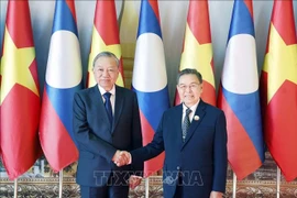 El secretario general del Partido Comunista de Vietnam (PCV), To Lam, (izquierda) y el titular de la Asamblea Nacional de Laos, Saysomphone Phomvihane (Fuente: VNA)