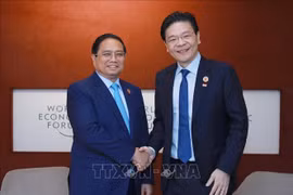El primer ministro de Vietnam, Pham Minh Chinh, sostiene un encuentro con su homólogo singapurense, Lawrence Wong (Fuente: VNA)
