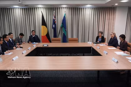 En la reunión de trabajo entre la delegación de la Academia Nacional de Política Ho Chi Minh y el Consejo Teórico Central de Vietnam con el Departamento de Asuntos Exteriores y Comercio de Australia (DFAT). Foto: VNA
