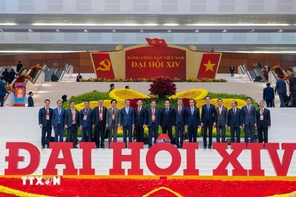 El embajador Trinh Duc Hai (tercero desde la derecha) y otros delegados asistentes al XIV Congreso Nacional del Partido (Foto: VNA)