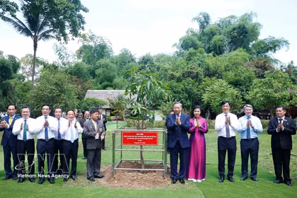 El secretario general del Partido Comunista de Vietnam y presidente del país, To Lam, y su esposa plantan un árbol conmemorativo en los terrenos del Monumento a Ho Chi Minh en la provincia de Udon Thani (Tailandia). (Foto: VNA)