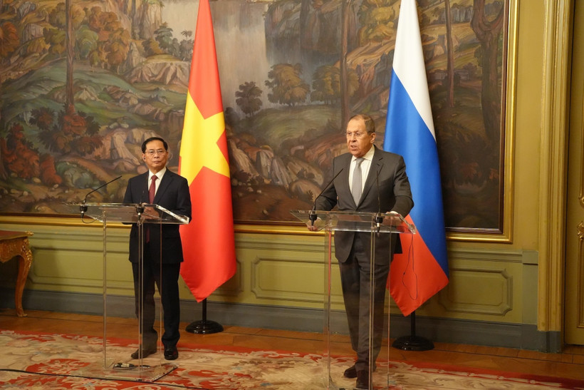 El viceprimer ministro y ministro de Relaciones Exteriores de Vietnam, Bui Thanh Son (izquierda) y el canciller ruso, Sergey Lavrov en la conferencia de prensa (Fuente: VNA)