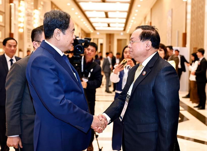 El presidente de la Asamblea Nacional, Tran Thanh Man, sostiene un encuentro el jefe de la Comisión de Asuntos Exteriores de la Asamblea Nacional de Laos, Sanya Praseuth (Fuente: VNA)
