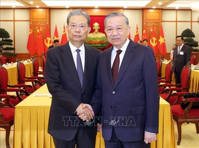 El secretario general To Lam (derecha) ofrece una recepción a Zhao Leji, miembro del Comité Permanente del Buró Político del Comité Central del PCCh y presidente del Comité Permanente de la Asamblea Popular Nacional de China (Fuente: VNA)