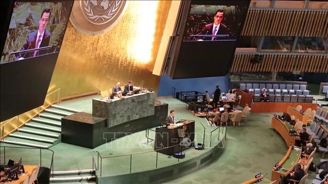 El Embajador Dang Hoang Giang, jefe de la misión permanente de Vietnam ante la ONU, habla en la reunión (Fuente: VNA)