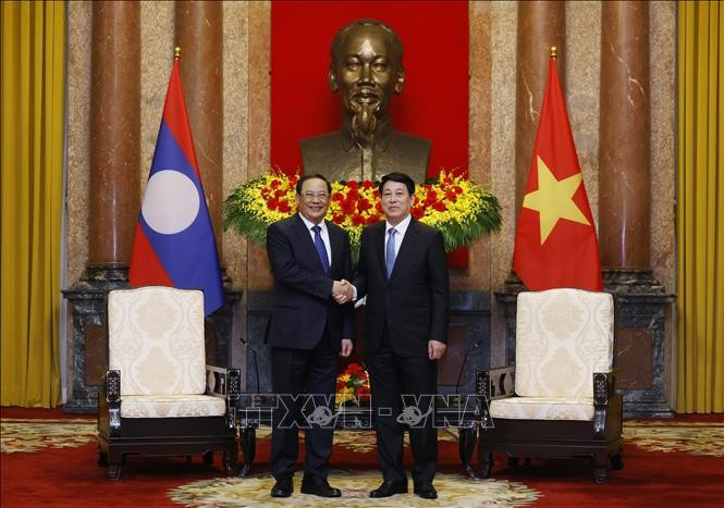 El presidente vietnamita, Luong Cuong (derecha) recibe al primer ministro de Laos, Sonexay Siphandone (Fuente: VNA)