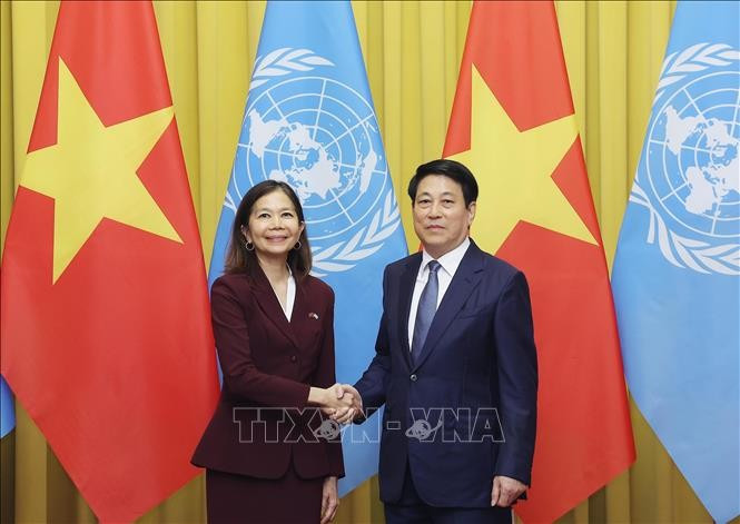 El presidente vietnamita, Luong Cuong, recibe a Pauline Tamesis, coordinadora residente de las Naciones Unidas en Vietnam (Fuente: VNA)