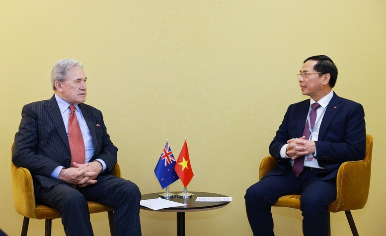 El vicepremier y canciller de Vietnam, Bui Thanh Son, (derecha) y el ministro de Relaciones Exteriores de Nueva Zelanda, Winston Peters (Fuente: VNA)