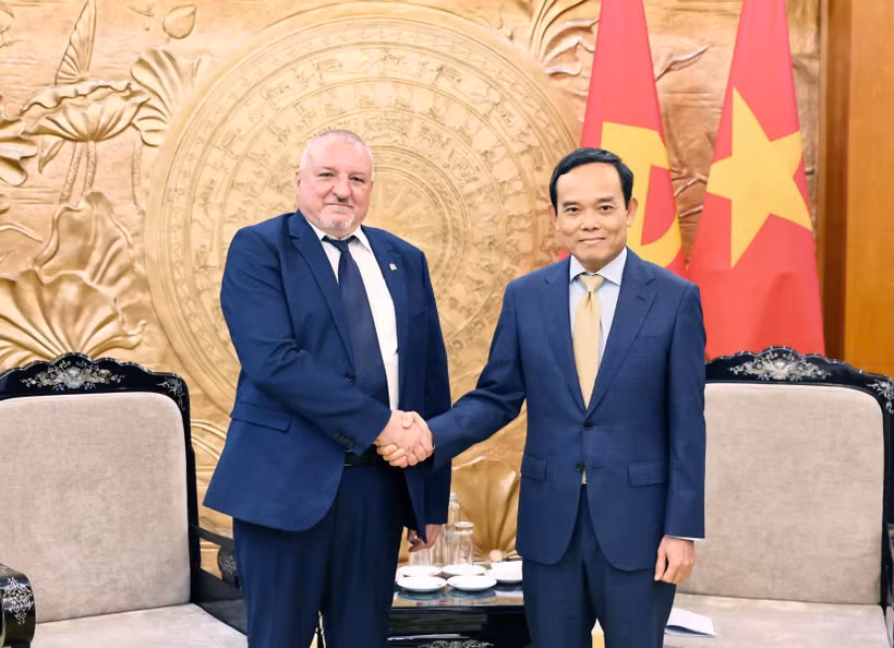 Tran Luu Quang (derecha), secretario del Comité Central del Partido Comunista de Vietnam y jefe de su Comisión de Políticas y Estrategias , y el presidente de MSZP, Komjáthi Imre (Fuente: VNA)