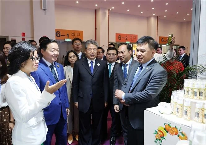 El viceprimer ministro Tran Hong Ha (segundo de izquierda) visita el stand vietnamita en la feria (Fuente: VNA)