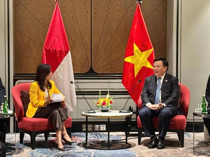 El director de la Academia Nacional de Política Ho Chi Minh y presidente del Consejo Teórico Central de Vietnam, Nguyen Xuan Thang, tiene una sesión de trabajo con Meutya Viada Hafid, vicepresidenta del Partido Golkar y ministra de Comunicaciones y Transformación Digital de Indonesia (Fuente: hcm.vn)