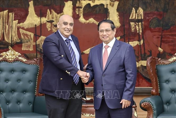El primer ministro de Vietnam, Pham Minh Chinh, recibe a Ali Ijaz Ahmad, presidente y director general del grupo singapurense Makara Capital Partners. (Fuente: VNA)