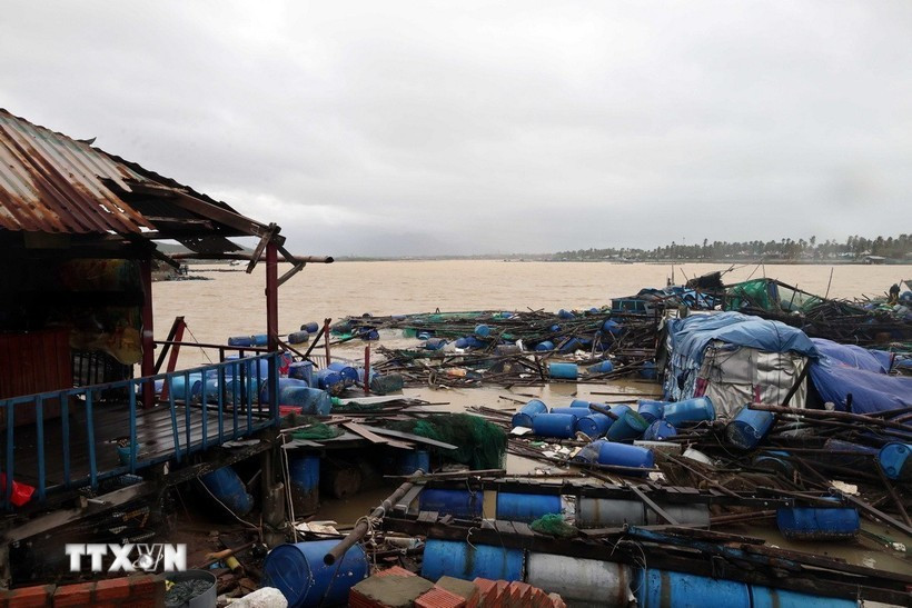 Las fuertes lluvias e inundaciones causaron graves daños en las jaulas y balsas de acuicultura en la comuna de Xuan Canh, provincia de Dak Lak. (Foto: VNA)