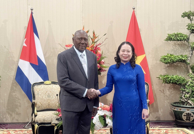 La vicepresidenta de Vietnam, Vo Thi Anh Xuan, recibe al miembro del Buró Político y vicepresidente de Cuba, Salvador Valdés Mesa (Fuente: VNA)