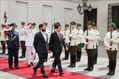 El presidente vietnamita, Luong Cuong (derecha), y su homólogo chileno, Gabriel Boric Font, pasan revista a la guardia de honor en Santiago. (Foto: VNA)