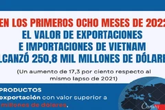 Valor de exportaciones e importaciones de Vietnam aumenta de enero a agosto de 2022
