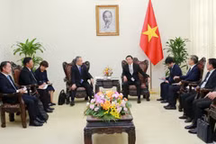 El viceprimer ministro Tran Hong Ha (derecha) recibe al presidente y director ejecutivo de la Corporación japonesa Sumitomo, Shingo Ueno. (Fuente: VNA)