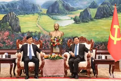 El secretario general del Partido Popular Revolucionario y presidente de Laos, Thongloun Sisoulith, recibe a Nguyen Duy Ngoc, jefe de la Oficina del Comité Central del Partido Comunista de Vietnam. (Fuente: VNA)