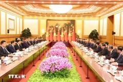 Reunión entre el secretario general del PCV y presidente de Vietnam, To Lam, y el secretario general del PCCh y presidente de China, Xi Jinping. (Foto: VNA)