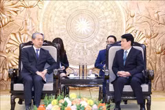 El miembro del Buró Político y permanente del Secretariado del Comité Central del PCV, Luong Cuong (derecha), recibe al embajador saliente de China, Xiong Bo. (Foto: VNA)
