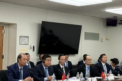 El ministro de Planificación e Inversión, Nguyen Chi Dung (al frente, segundo desde la izquierda) y otros miembros de la delegación vietnamita en el diálogo (Foto: VNA)