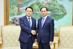 El vicepremier y canciller, Bui Thanh Son (derecha), y el gobernador de la prefectura de Aichi, Japón, Omura Hideaki. (Foto: VNA)