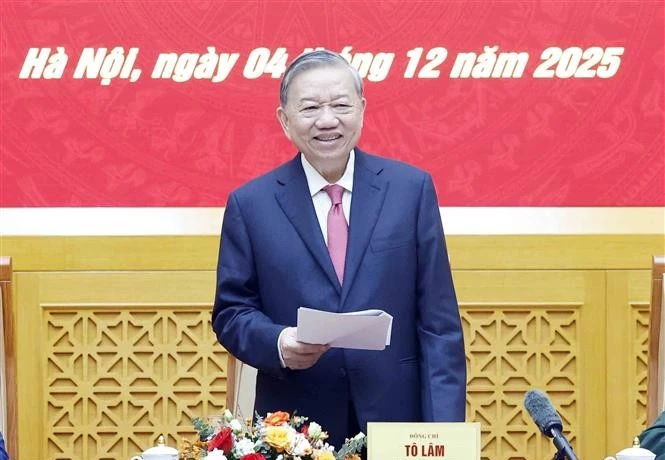 El secretario general del Partido Comunista de Vietnam, To Lam, habla en la cita. (Foto: VNA)