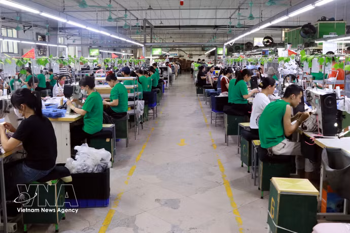 Trabajadores laboran en un taller de confección de prendas textiles destinadas a la exportación. (Foto: VNA)