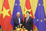 El presidente de Vietnam, Luong Cuong, y el titular del Consejo Europeo, António Costa. (Fuente: VNA)