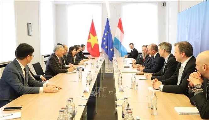 El viceprimer ministro permanente de Vietnam, Nguyen Hoa Binh, trabaja con el ministerio de Finanzas de Luxemburgo. (Fuente: VNA)