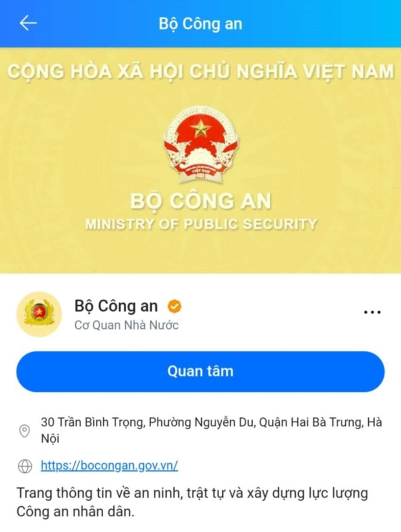 La página de información en Zalo del Ministerio de Seguridad Pública de Vietnam (Fuente: VNA)